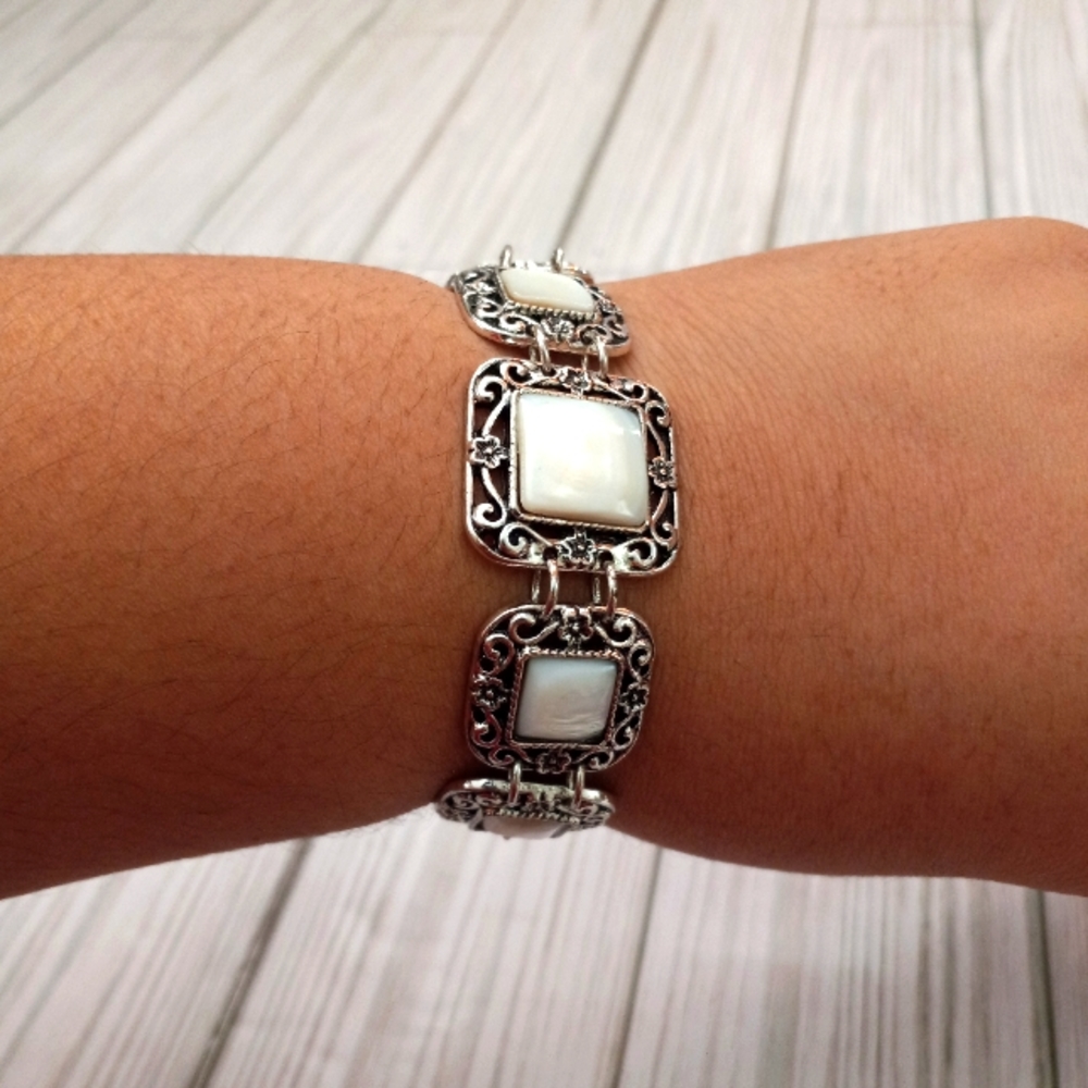 Silver Tone Costume Statement Bracelet With White Tile Stones - Picture 4 of 7